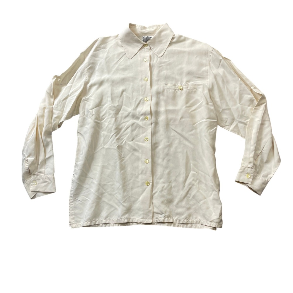 Clio Medium 100% Silk Beige Long Sleeve Button Up Blouse